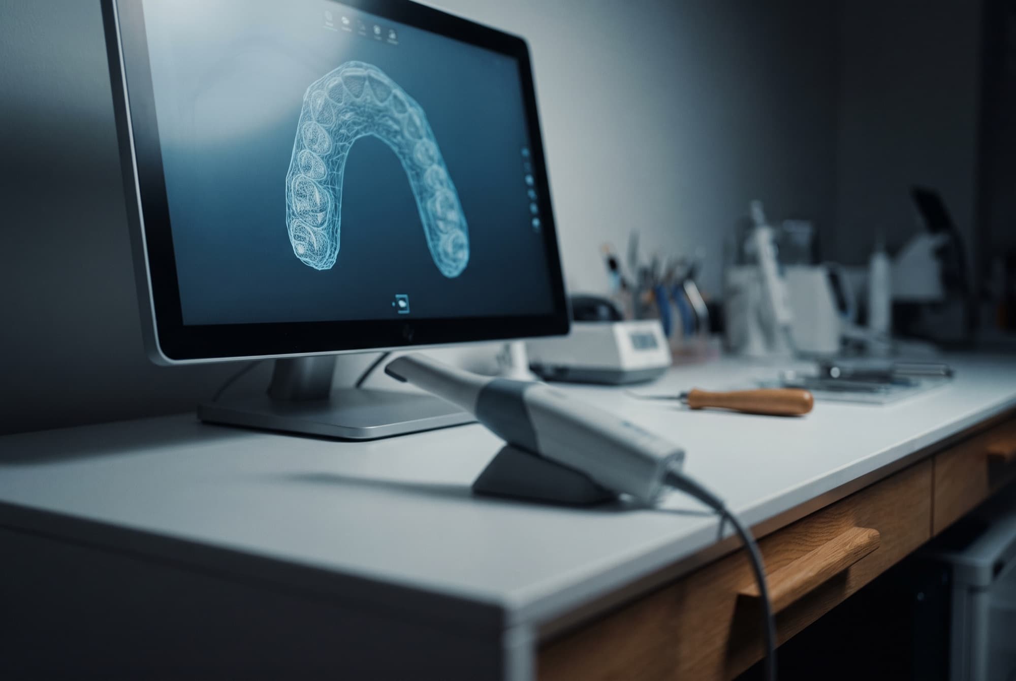 Digitalni 3D odtis zobovja, ki se vrti na zaslonu ob zobozdravstvenem skenerju
